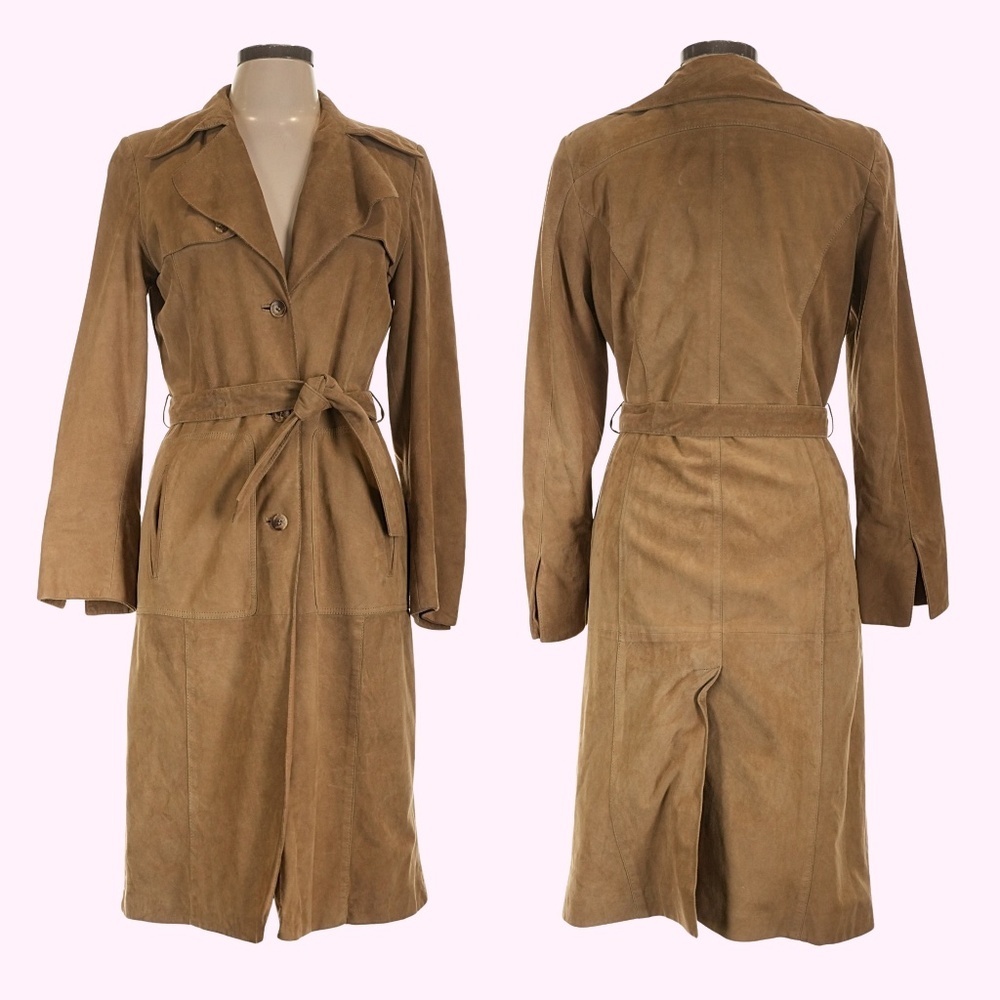 Punto 100% Suede Leather Trench Coat Tan Coffee - Picture 1 of 10